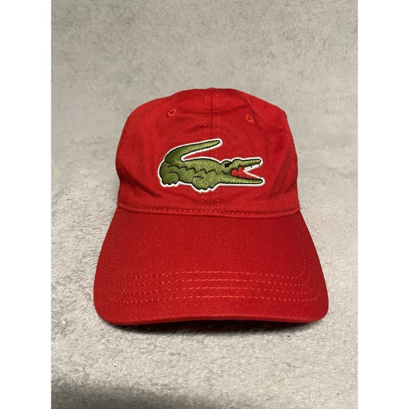 Lacoste Hat Red Mens Adjustable Leather Strap Back Big Gator Logo Preppy - Picture 1 of 10